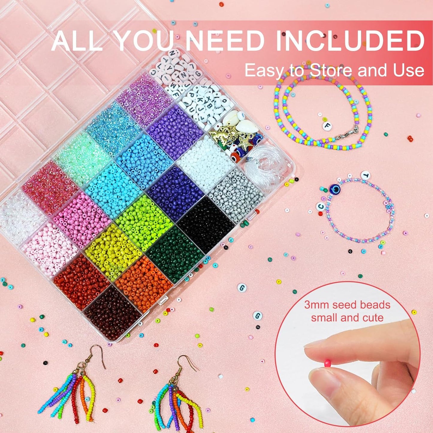 Redtwo 7200pcs 3mm Glass Seed Beads for Bracelet Making Kit, Friendship Jewelry Making Kit, Letter Beads with Elastic String, DIY Art Craft Girls Gifts.