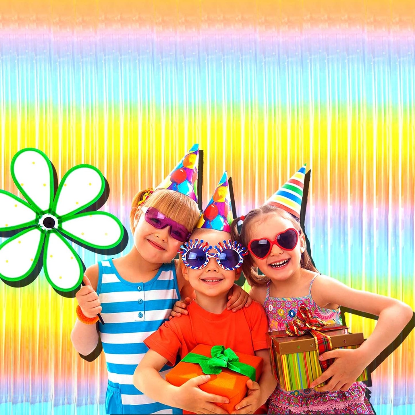 4 Pack Rainbow Foil Fringe Curtain Backdrop, 3.28Ft x 6.56Ft Colorful Metallic Tinsel Foil Streamers Curtains for Photo Booth, Wedding, Thanksgiving, Birthday, Christmas, Easter Party Decoration