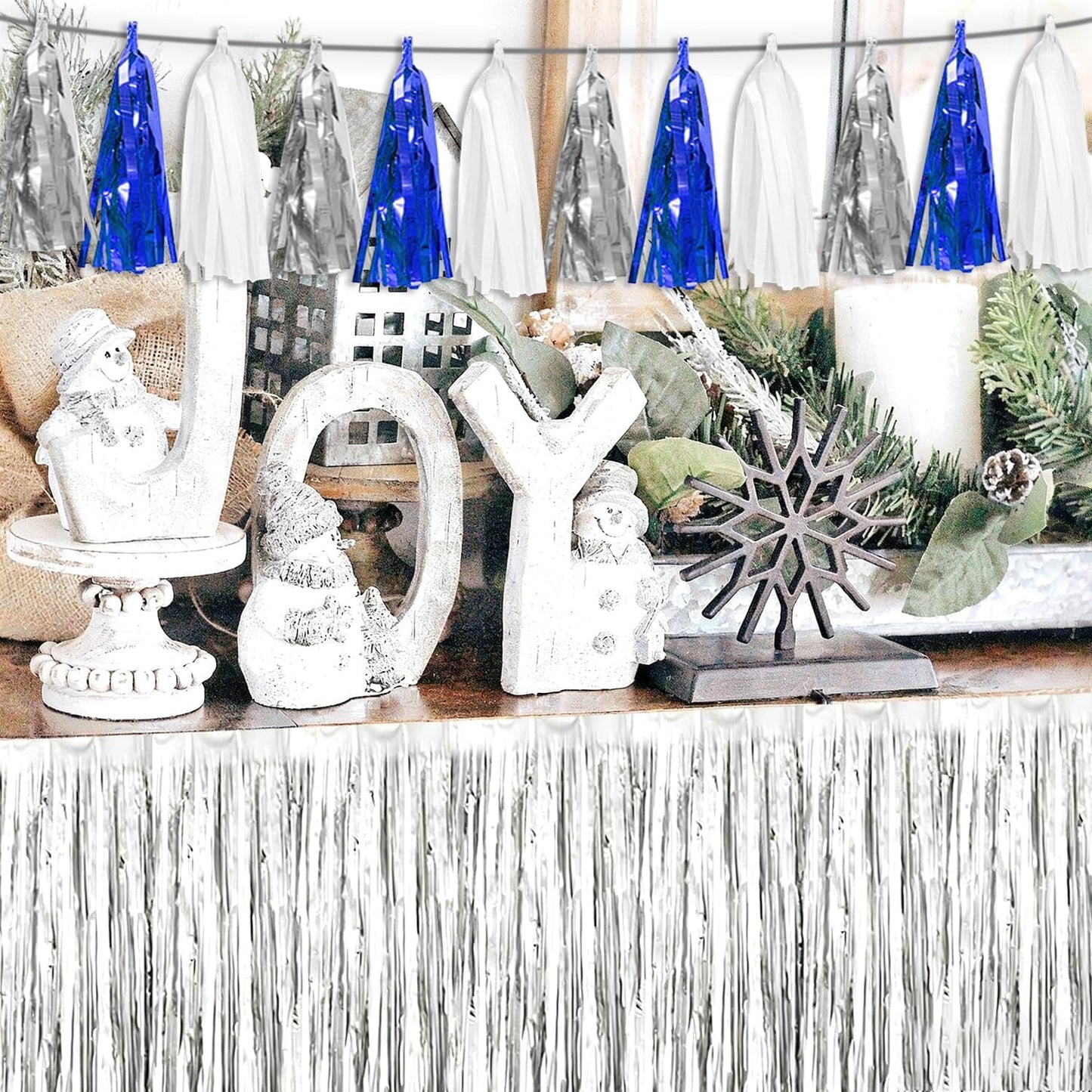 3P Navy Blue White Silver Tassel Banner Garland Metallic Foil Fringe Banner Tinsel Tassels Streamer Banner Backdrop for Parade Floats, 2025 Graduation Decorations, Retirement Party Decorations