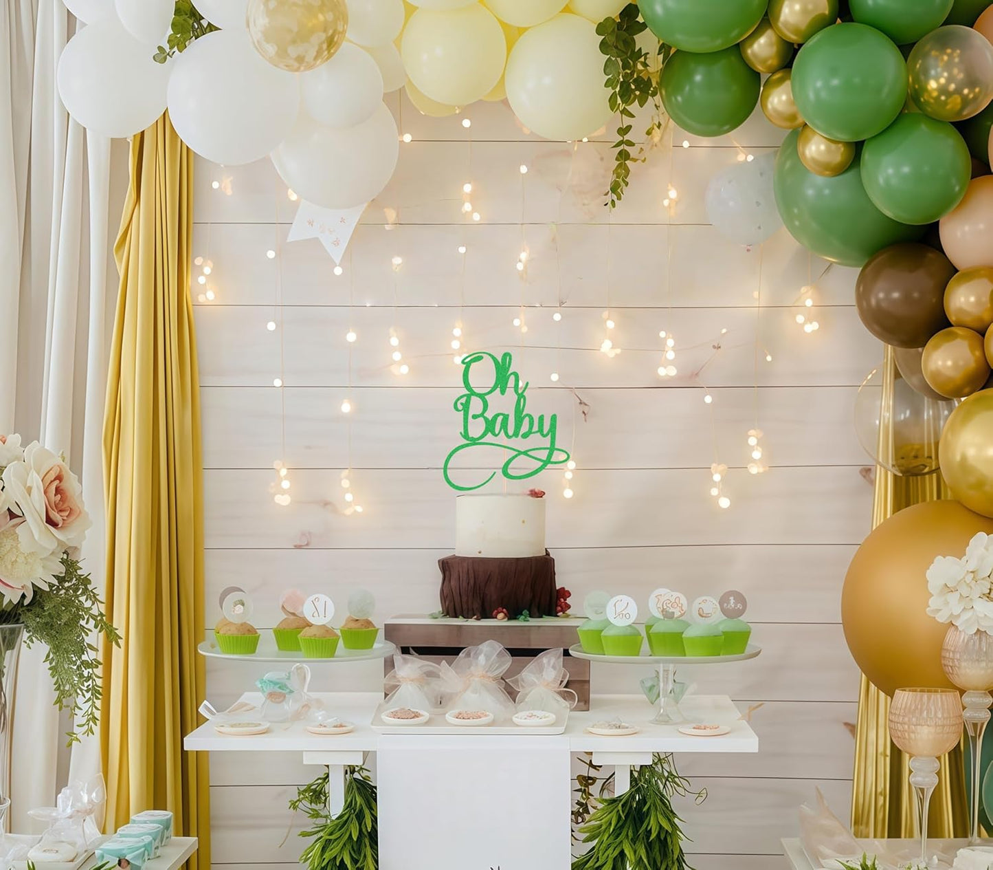 Oh Baby Cake Topper - Green Glitter Baby Birthday Party Cake Decoration Supplies, for Baby Shower/Gender Reveal Party Photo Booth Props