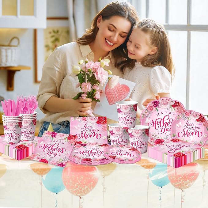 Happy Mother’s Day Party Supplies-144Psc Floral Day Plates and Napkins Cups for 24 Guests,Watercolor Flowers Design for Mothers Day Dinner Party Decorations,Family Brunch Tableware