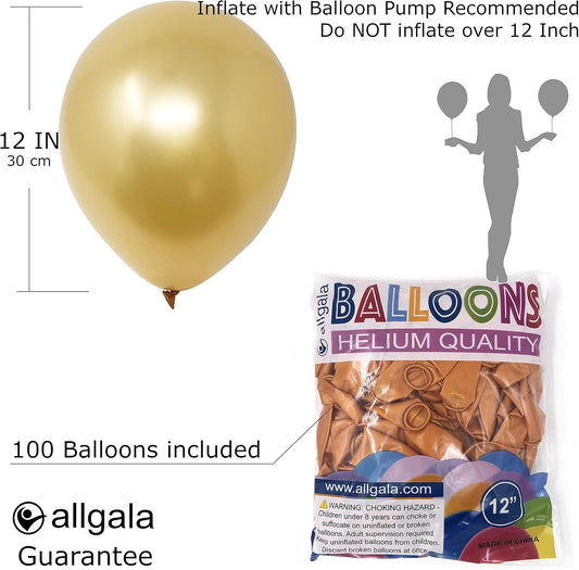 Allgala Latex Balloons for Parties | Helium Grade Bulk Balloon Pack | Ideal for Birthday Party Decorations, Baby Shower, Christmas Party | Colored Balloons for Events | 100ct 12" - Gold
