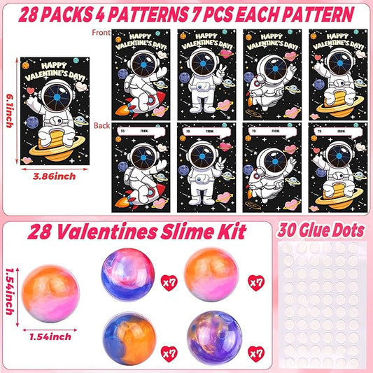 28 Pack Valentines Day Gifts for Kids Classroom, Galaxy Slime Kit Valentines Cards for Kids School Class Valentines Day Slime Fidget Toys Valentines Exchange Cards Valentines Party Favors Boys Girls