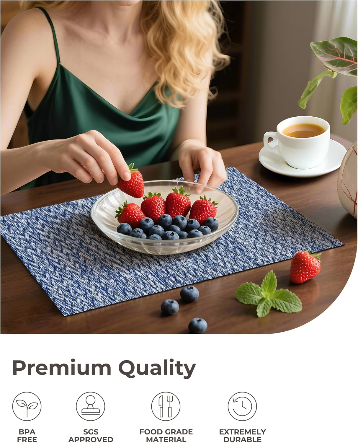 Leetaltree Blue Placemats Set of 12 - Heat Resistant Non-Slip Place mats for Dining Table, Washable Durable PVC Vinyl Woven Table Mats(Blue Zigzag, 12)