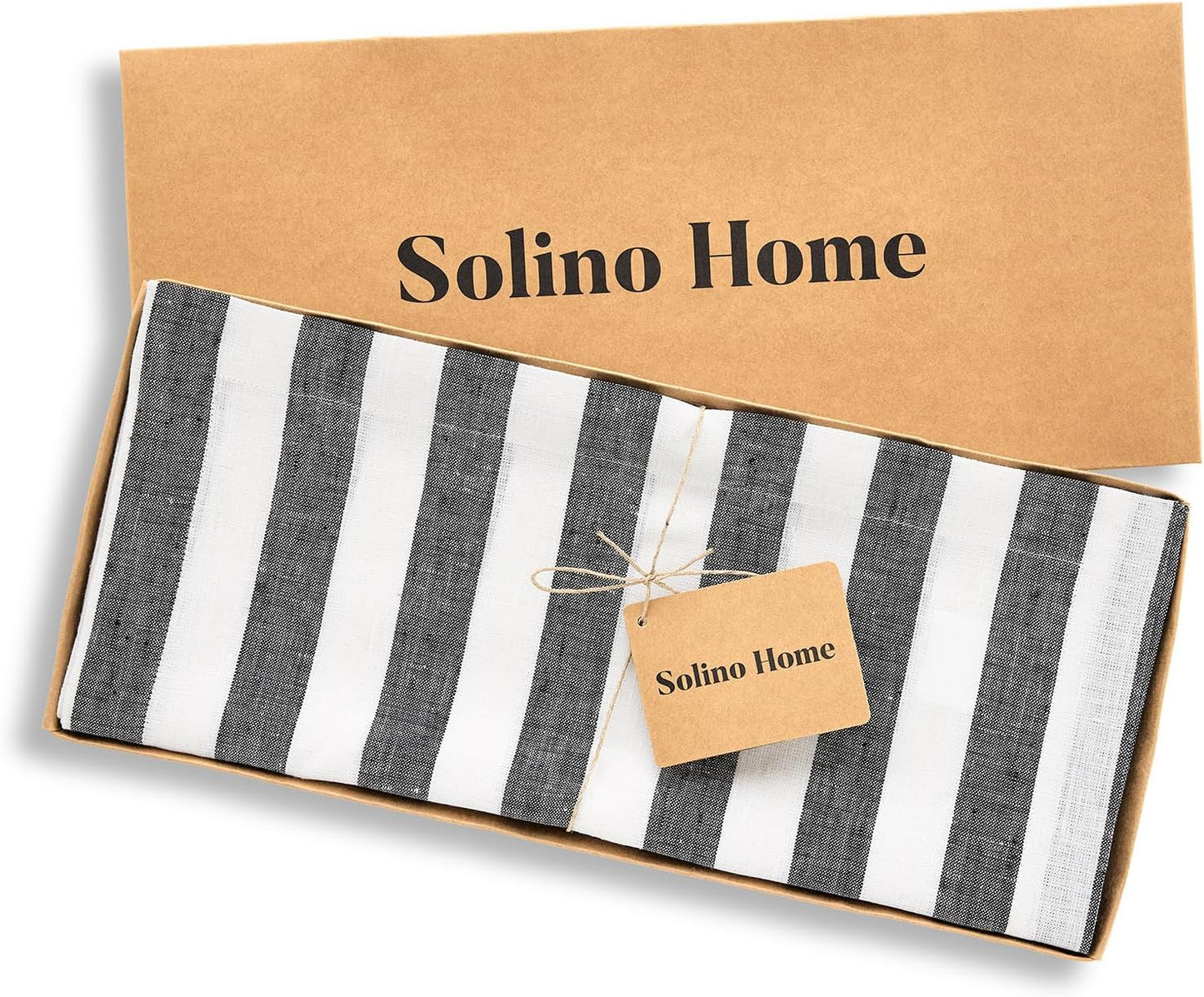 Solino Home Linen Table Runner 90 Inches Long - Sorrento Stripe, 100% Pure Linen Black and White Table Runner 14 x 90 Inch for Dining, Fall, Autumn