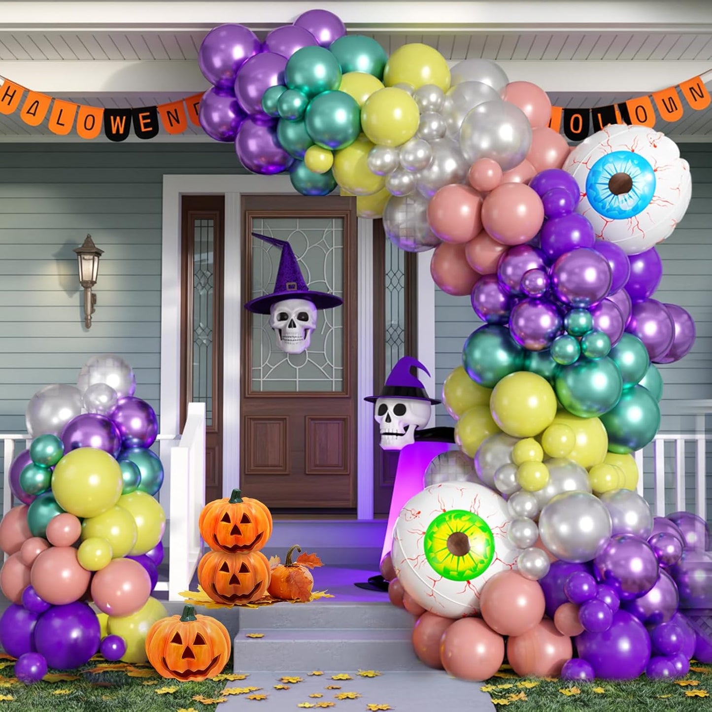 Halloween Balloon Arch Garland Kit, Pink Green Purple Balloons With Blue Green Eyeball Foil Balloons For Halloween Ghost Masquerade Spooky Vampire Scary Themed Birthday Party Decorations