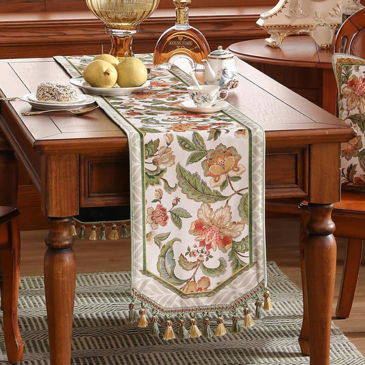 patdrea Designer Elegant French Floral Velvet Table Runner, Fresh Green with Orange Blossoms Pattern Table Mat, Decoration for Kitchen Dining Coffee Table Cabinet Banquet Thanksgiving,12"*87"