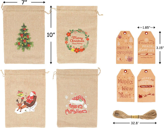 Tapleap Burlap Coth Christmas Bags with Drawstring, 7x10 Inches (Lot of 40) with Tags, String, for Wrapping Christmas Party Favors or Gifts for Coworkers, Classmates, and Friends