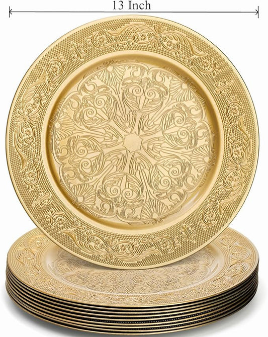 12 Pack Gold Charger Plates, 13 Inch Gold Round Chargers for Dinner Plates, Decorative Dinner Chargers, Antique Plastic Table Charger and Service Plates for Wedding Holiday Party