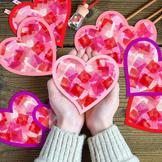 Motipuns 32 Sets Valentine Suncatchers Paper Craft Set DIY Heart Shaped Window Stained Glass Effect Paper Kit for Valentine Mother's Day Art Projects Party Favors (Classic Style)