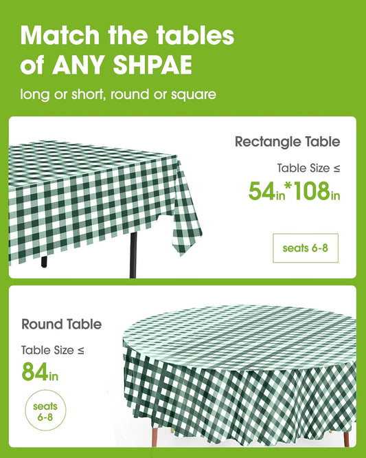 Pureegg Plastic Table Cloth Disposable 10 Pack, 54 x 108 Inch Table Cloths, Party, Picnic, Decorative Gingham Tablecloths, Rectangle, Green and White Checkered Cover, Leakproof & Sturdy, Green Plaid