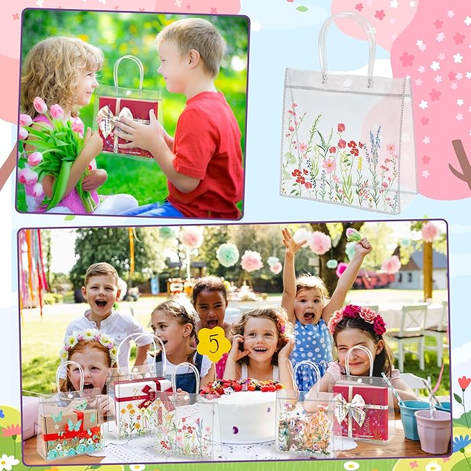 H1vojoxo Spring Wildflower Gift Bags - 24PCS Spring Wildflower Clear PVC Gift Bags with Handle Bulk Reusable Goodie Snack Treat Plastic Gift Wrap Tote Bag for Floral Themed Baby Shower Party Favors
