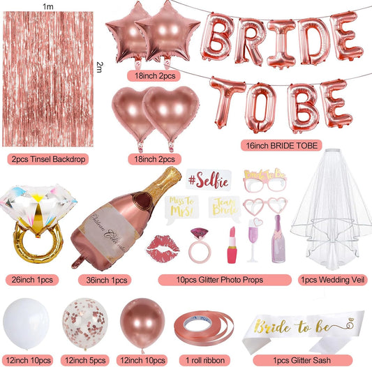 Bachelorette Party Decorations, Rose Gold Bride To Be Decorations with Bride Balloons, Sash, Veil, Tinsel Backdrop for Bridal Shower Decor