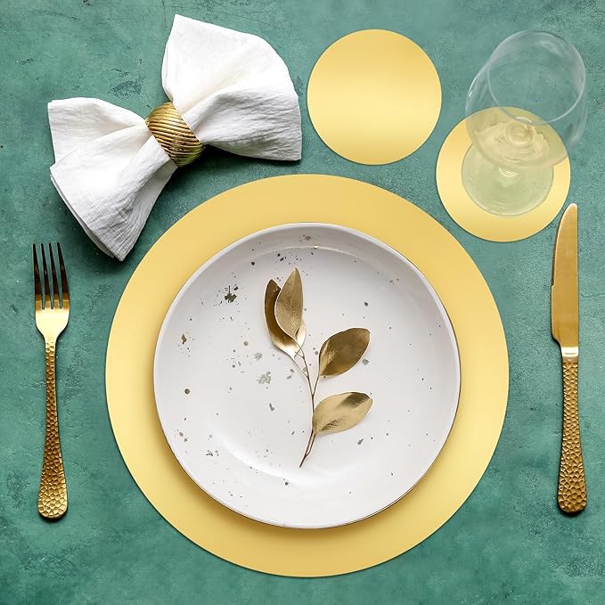 Tioncy 100 Pcs Round Gold Placemats 13" Disposable Paper Placemats for Dining Table Gold Charger Table Mats and Coasters Mats Set for Birthday Wedding Home Dinner Party Settings Decor