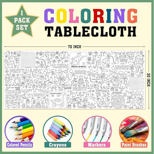 Dinosaur Coloring Tablecloth, Dinosaur Large Coloring Poster Tablecloth 30x72 Inch, Dino Party Themed Color-in Activities Games, Birthday Party Games for School Classroom Home Party