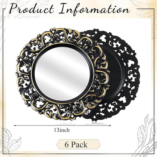 Maxdot 6 Pcs 13" Mirror Charger Plates for Dinner Plates Plastic Round Embossed Edge Dinner Chargers for Table Setting Wedding Party Christmas Holiday Supplies Elegant Tabletop (Black and Gold)