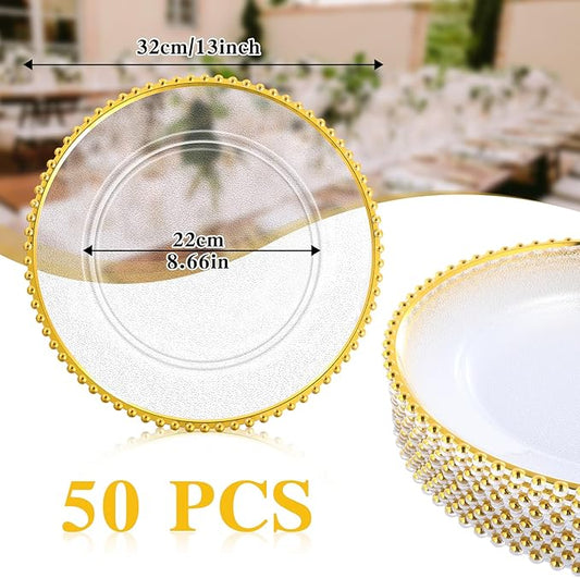 Hoolerry 50 Pack Clear Charger Plates Bulk 13 Inch Plastic Round Beaded Dinner Chargers Acrylic Frosted Grain Decorative Service Plates for Wedding Party Event, Home and Kitchen Tabletop (Gold)