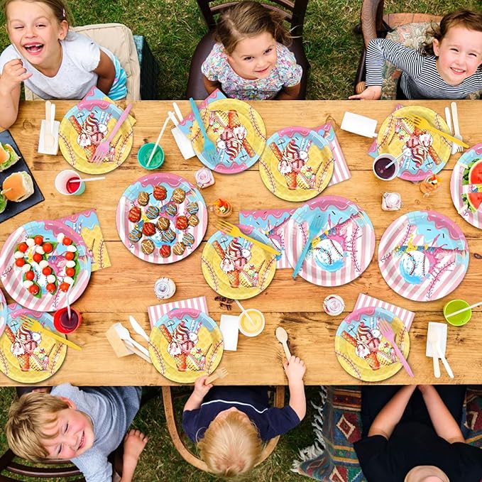 96PCS Ice Cream Drip Baseball Paper Plates and Napkins Sport Theme Birthday Camping Party Supplies Baseball Ice Cream Plates Sport Tableware Set for 24 Guests Birthday Gatherings Decoration