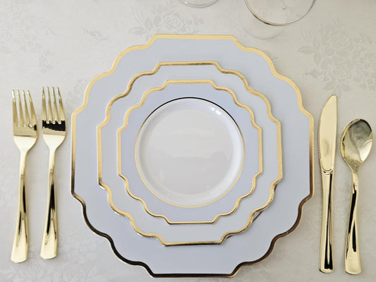 " OCCASIONS " 240 Plates Pack (120 Guests) Heavyweight Wedding Party Disposable Plastic Plates Set -120 x 10.5'' Dinner + 120 x 8'' Salad/Dessert Plate (Imperial in White/Blue & Gold)