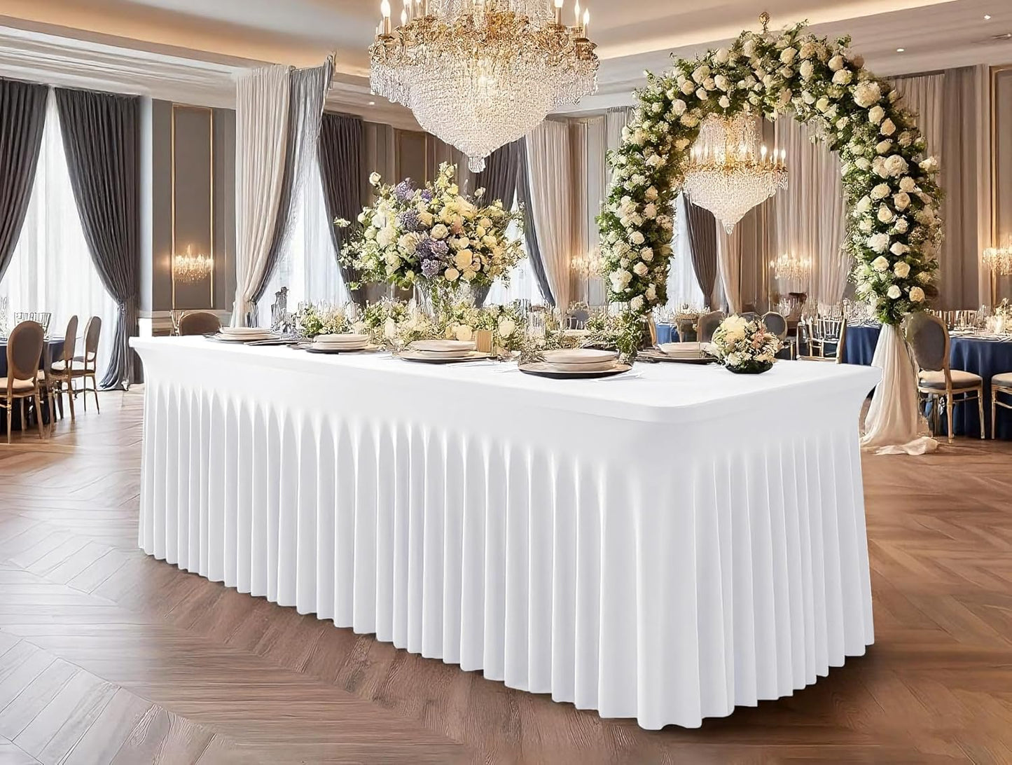 2 Packs White Stretch Table Skirts for 6 Foot Rectangle Table, Washable Spandex Stretch Tablecloths with Skirt, Wrinkle Resistant Fitted Tablecover for Wedding Party Banquet