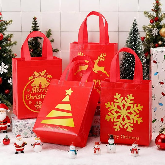 Wesnoy 24 Pcs Christmas Gift Bags Bulk 10 x 8 x 4 Inch Christmas Red Gold Non Woven Party Favors Goodies Candy Bags with Handles for Holiday Gift Birthday Party Supplies