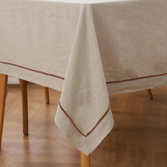 Linen World Hemstitch Linen Tablecloth,100% Natural French Flax,60x90Inch Handcrafted Table Cloth,Tabletop Decoration,Table Cloths for Kitchen,Dining(Natural-Macchiato)