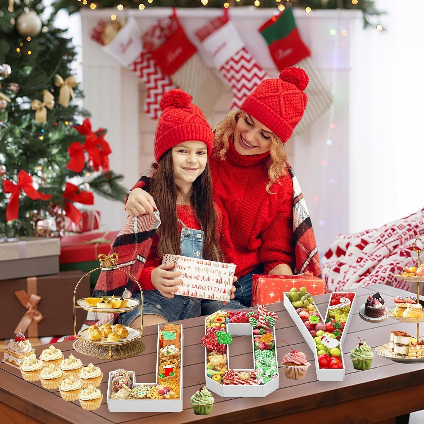 JOY Letters for Christmas Party Decorations, 13.7 Inch Charcuterie Cardboard Letters Fillable Paper Mache Letter Trays for Cookies Candy Cake Food Display Letter Box for Xmas New Year Holiday Party
