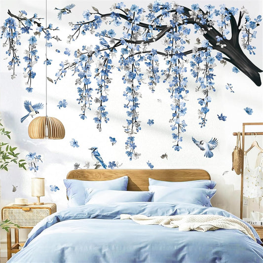decalmile Large Blue Flower Branch Wall Decals Watercolor Cherry Blossom Tree Floral Birds Wall Stickers Living Room Bedroom TV Background Home Decor