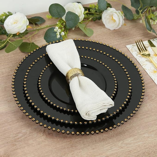 Efavormart 10-Pack Economy Plastic Charger Plates 13" Round Black with Gold Beaded Rim - Stylish Dinner Party Serving Plates