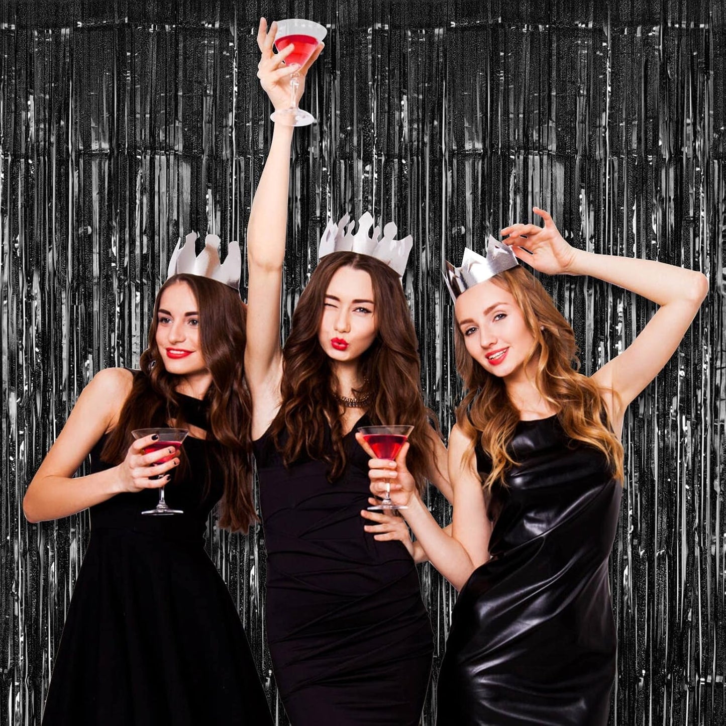 Black Tinsel Foil Fringe Curtain Backdrop, 3.3 x 8.2 ft Metallic Glitter Curtain Streamers, 2 Pack Black Photoboth for Birthday Halloween Bachelorette Party Decorations Photo Booth