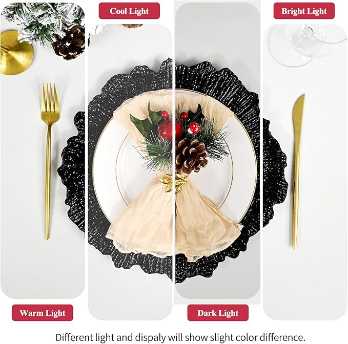 50 Pack Black Charger Plates Bulk, 13" Plastic Reef Chargers for Dinner Plates, Round Charger Plate with Floral Reef Design for Dinner Wedding Party Table Setting Decoration