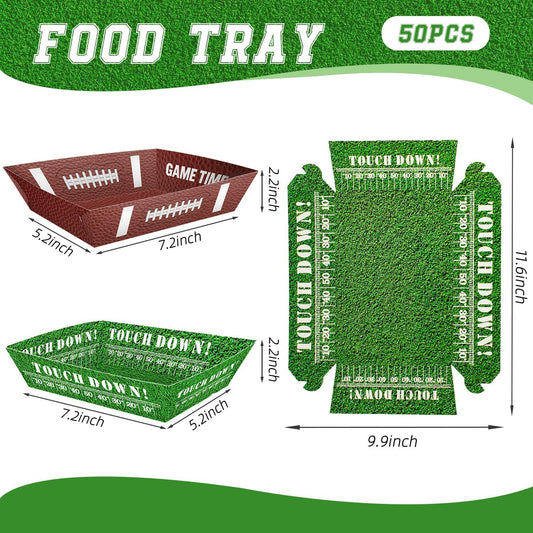 50 Pcs Football Party Decorations, Disposable Football Paper Snack Trays, Large Serving Boats for Super Bowl Party, Birthday, Tailgate & Sports Theme Events – 2 Designs