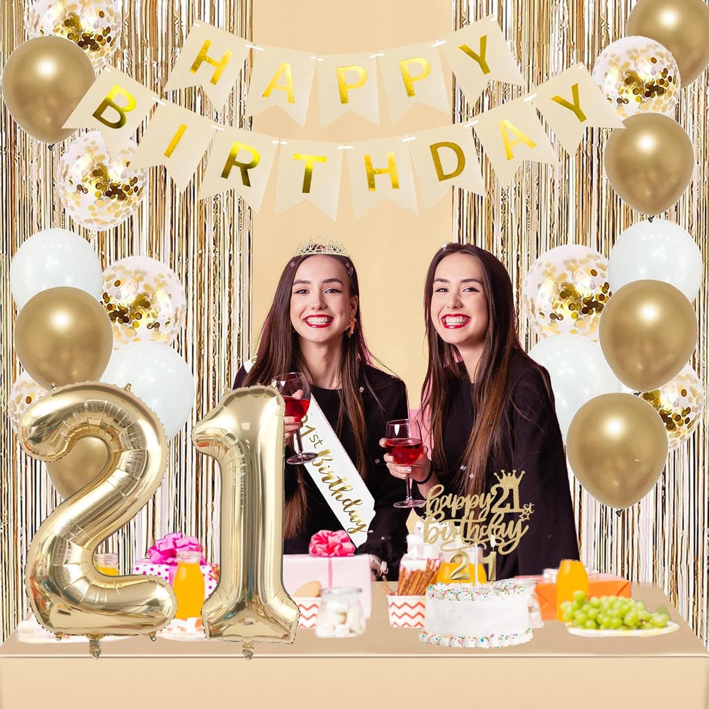 Trgowaul 21st Birthday Decorations for her, Champagne Gold Happy 21st Birthday Supplies for Girls, 21 Sash and Crown, Banner, Fringe Curtains, Cake Topper, 21 Year Old Party Supplies Set