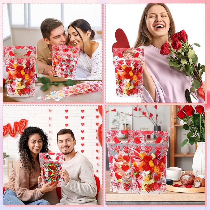 Blosssound 50 Pcs Valentines Day Gift Bags Resealable Love Plastic Bags Valentines Party Favor holder with Handle for Wedding Party Candy Gift Wrapping Supplies Decor (Love)