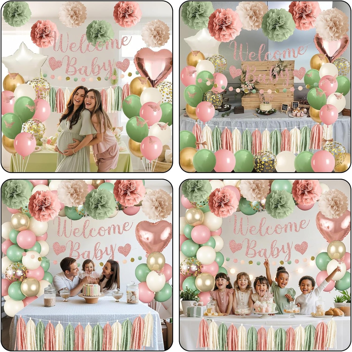 Baby in Bloom Baby Shower Decorations, Sage Green Dusty Blush Pink Gold Sand White Latex Confetti Balloons with Banner Cake Topper Pom Poms Tassel for Girls Boho Fairy Floral Birthday Party Decoration