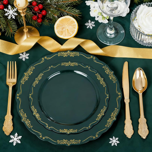 DaYammi 150Pcs Green Plastic Plates with Gold Silverware,Christmas Disposable Plates for Party include 30 Dinner Plate,30 Dessert Plate,90 Gold Plastic Cutlery Set,Green gold plate for Christmas Party
