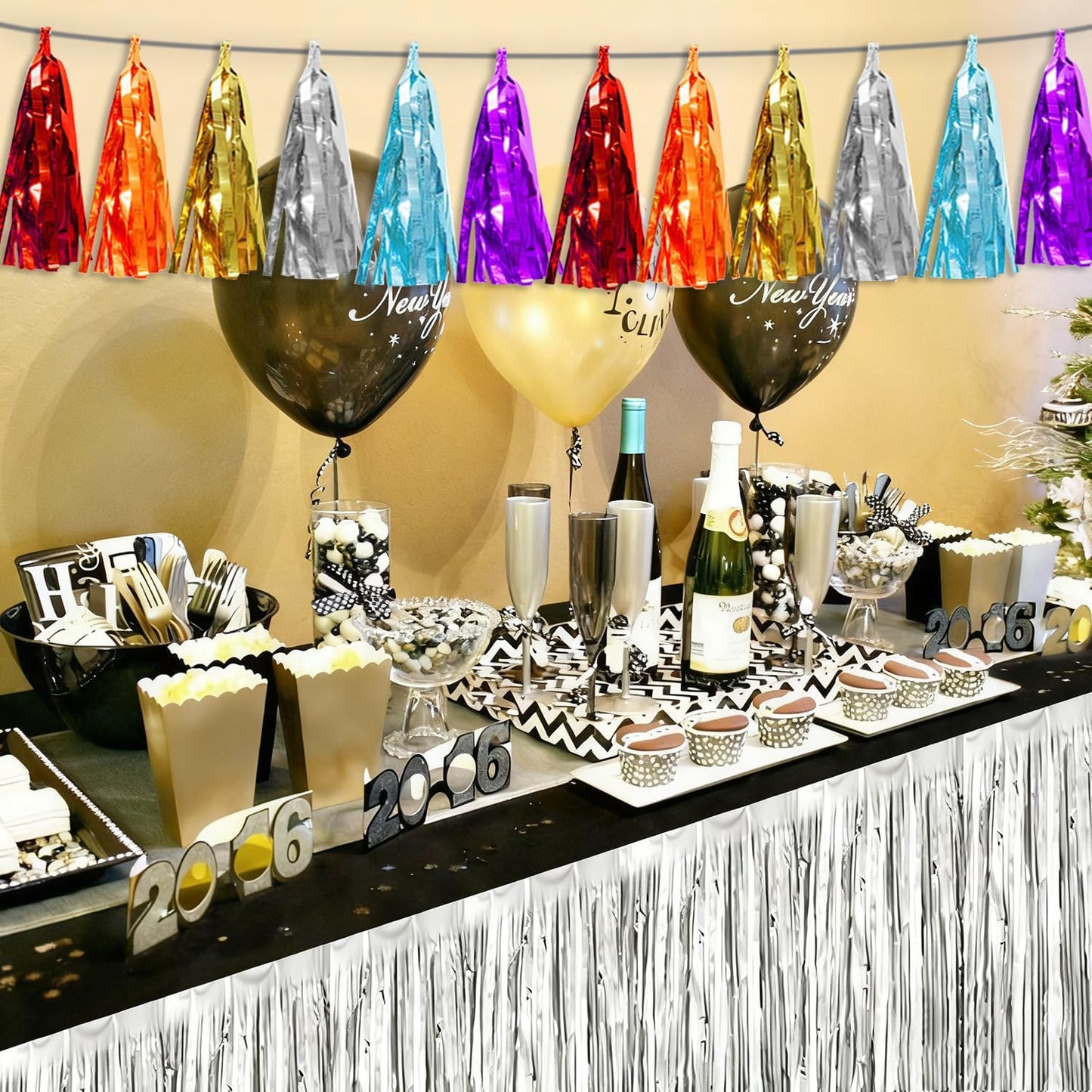 4P Lake Blue Orange-Red-Gold-Silver-Purple Tassel Banner Garland Metallic Foil Fringe Banner Tinsel Tassels Streamer Banner Backdrop for Parade Floats,Graduation Wedding Party Decorations