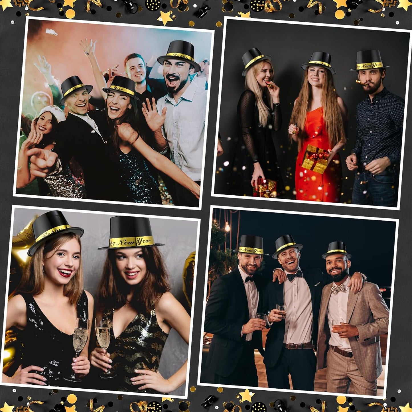 Geyoga 4 Pcs Happy New Years Top Hat 2026 Eve Party black Plastic Celebration Hats for New Years Eve Party Supplies Accessory Costume wear