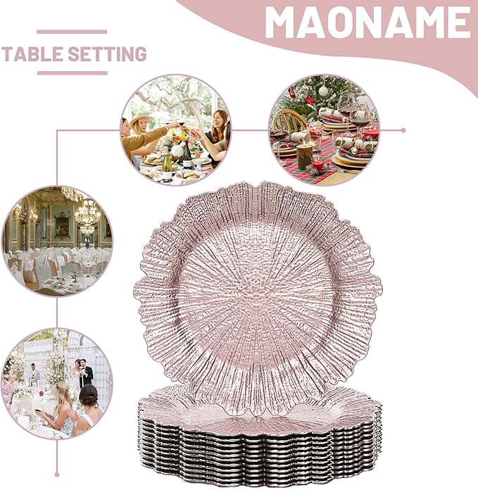 MAONAME Pink Charger Plates Set of 12, Reef Plate Chargers for Dinner Plate, Plastic Table Charger Plates for Wedding Bulk, Party
