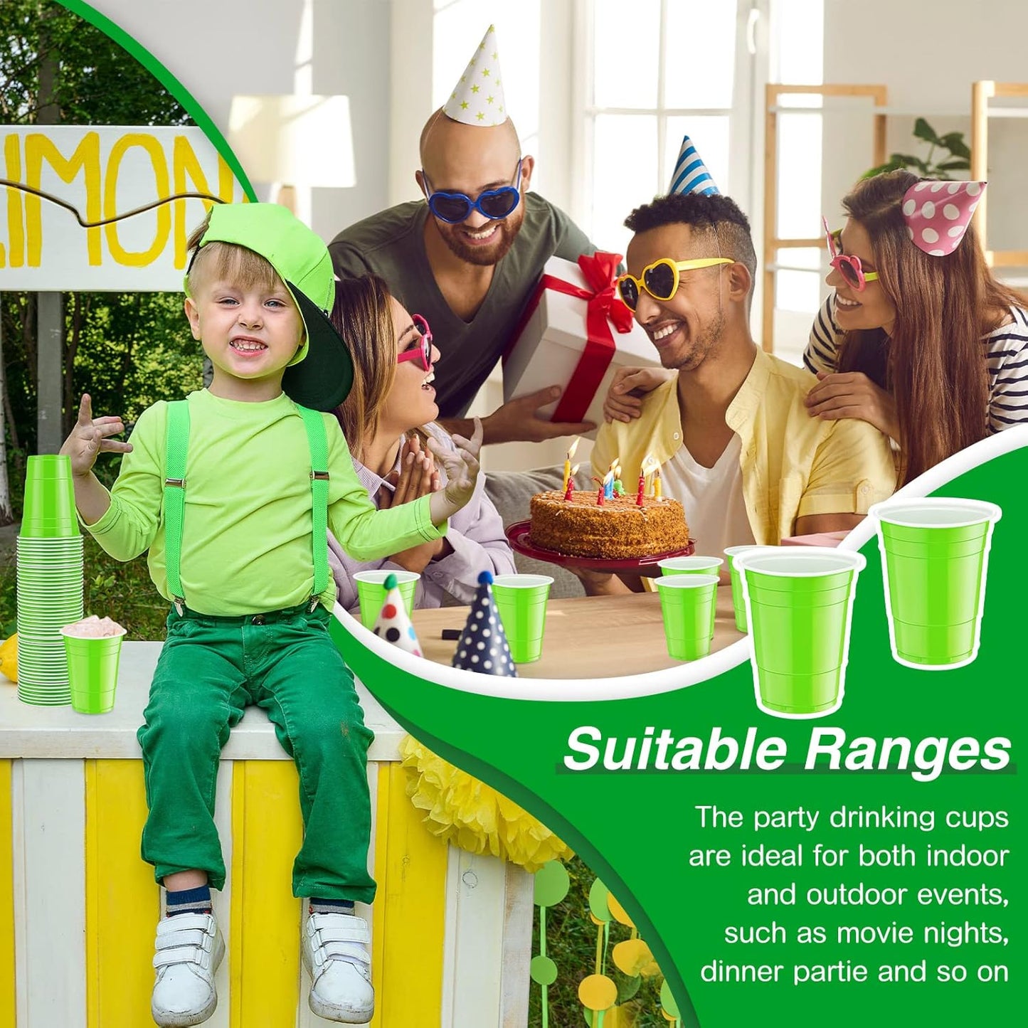 Lounsweer 100 Pack 16 Ounce Christmas Plastic Party Cups Disposable Heavy Duty Drinking Water Cups for Holiday Christmas Festival Wedding New Year Birthday Party Supplies(Fluorescent Green)