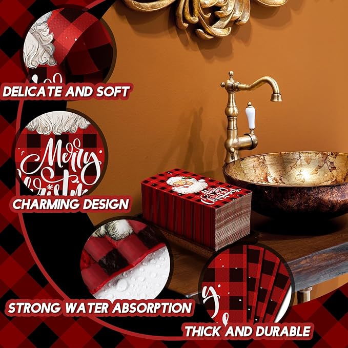 Karenhi 200 Pcs Christmas Paper Napkins 2 Ply Santa Claus Disposable Hand Towels for Bathroom Buffalo Plaid Guest Napkin Snow Decorative Paper Guest Towels for Bathroom for Party Holiday Wedding