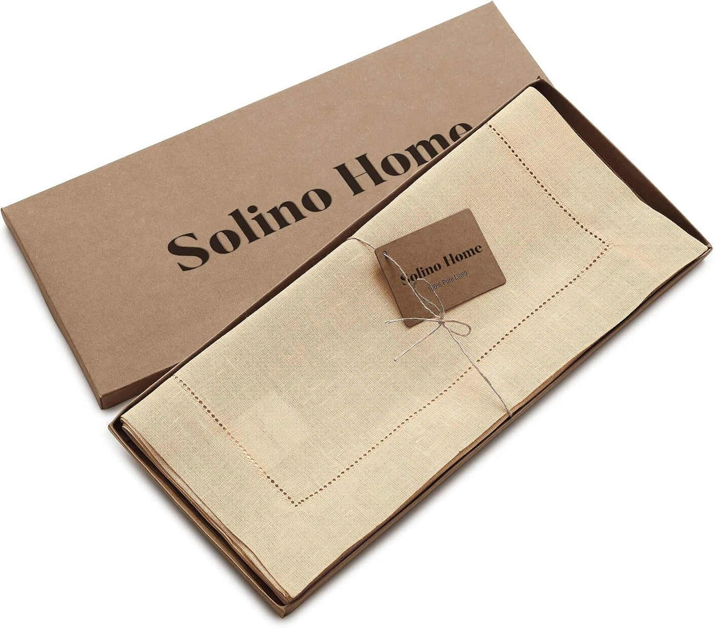 Solino Home Linen Beige Table Runner 120 Inches Long - 100% Pure Linen 14 x 120 Inch Table Runner for Fall, Autumn, Thanksgiving, Christmas - Classic Hemstitch