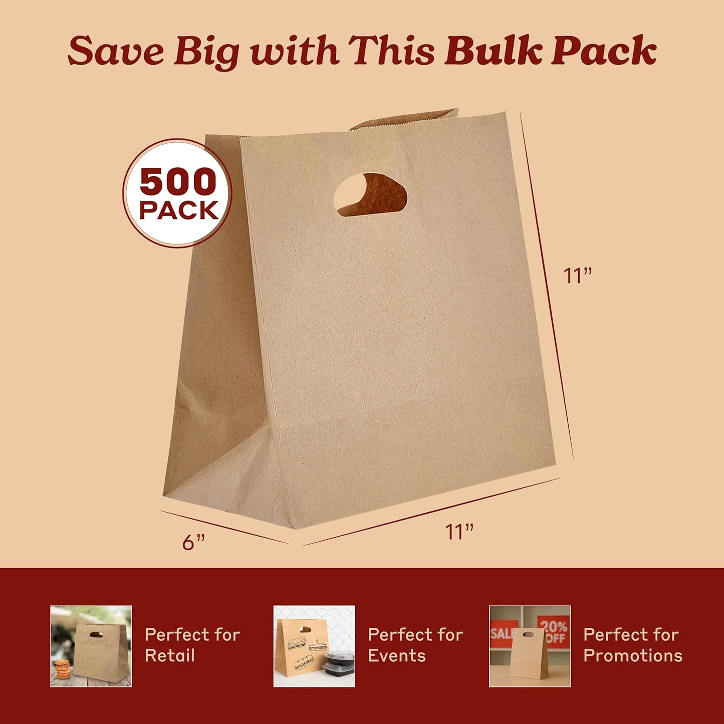 Natural Brown Kraft Paper Bags with Die Cut Handles - Recyclable Shopping Tote Bag for Retail, Gifts, Restaurant Takeout, Catering, Bakery, Small Business, Party Favors - 11" x 6" x 11", 500 Pack