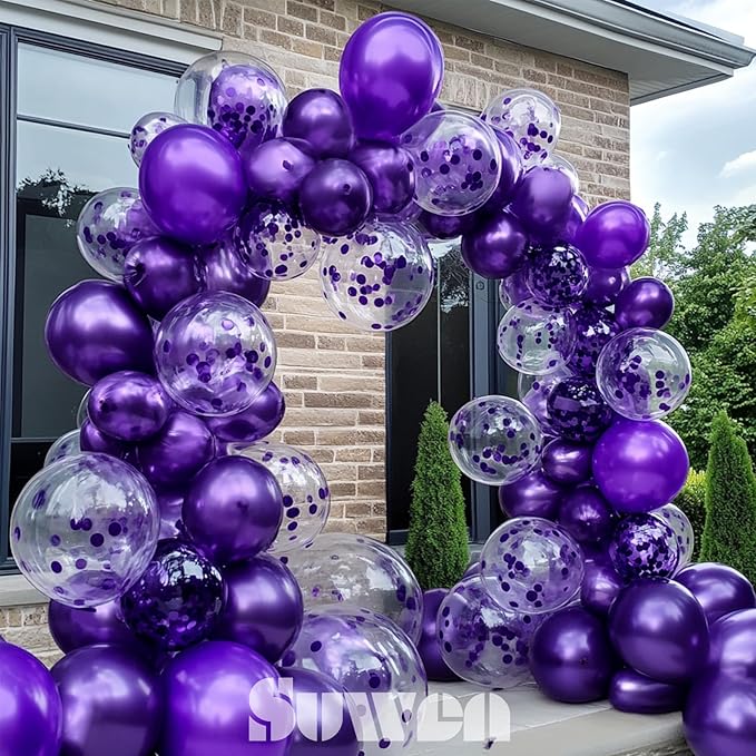 SUWEN Purple Metallic Balloons and Confetti Balloons Set 47PCS Latex Helium Chrome Dark Purple Balloon for Birthday Graduation Anniversary Party Decorations
