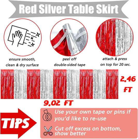 6 Pack 29x108 Inch Metallic Foil Fringe Table Skirts Banner for Tinsel Streamer Garland Curtains Backdrop for Parade Floats Wedding Circus Welcome Carnival Birthday Party Decorations(Red Silver)