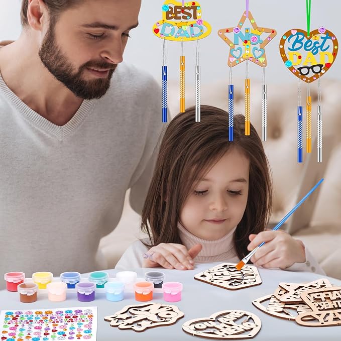 DoubleFill 30 Pack Wind Chime Kit Make You Own Father's Day Wind Chimes Crafts DIY Coloring Wooden Father's Day Art and Craft for Dad's Birthday Gifts Party Decoration Hanging Ornaments