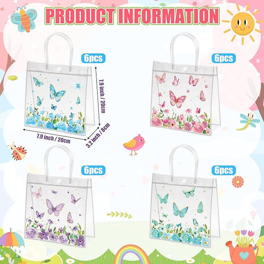 H1vojoxo Spring Butterfly Gift Bags - 24PCS Spring Butterfly Clear PVC Gift Bags with Handle Bulk 7.9x3.2x7.9 Inches Reusable Goodie Snack Treat Plastic Gift Wrap Tote Bag for Baby Shower Wedding