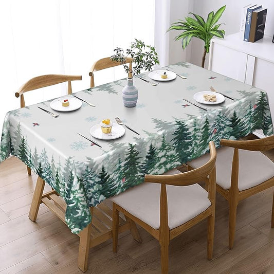 YCness Winter Forest Landscape Tablecloth, Green Christmas Snowflakes Nature Seasonal Decoration Table Cover for Winter Christmas Birthday Holiday Party Dinner, 60x120 Inch Rectangle