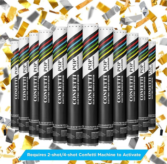 Electric Confetti Cannon Cartridges, 12pcs. - 16" Gold & Silver Confetti Poppers for Weddings, Parties, Events | Requires 2-shot/4-shot Machine to Activate