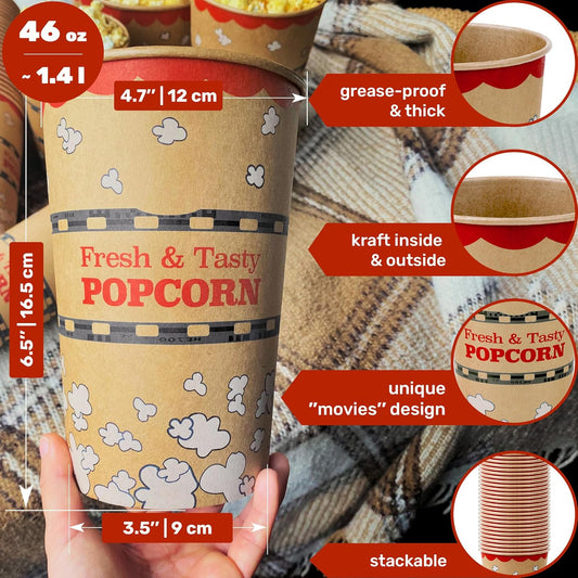 CUSINIUM 46 oz 25-Pack Kraft Popcorn Buckets - Large Popcorn Tubs